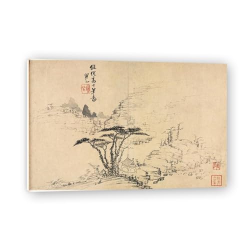 Tableau traditionnel chinois maison de montagne 75x50cm