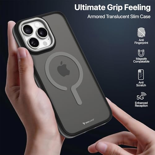 Image of Vaku Luxos Elemento Magpro Back Cover Case for iPhone 16 Pro Max Scratch Resistant Camera Screen Protector TPU Shockproof 10ft Drop Protection Support Mag-Safe Wireless Charging- Grey