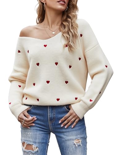 ECOWISH Women Valentine Heart Sweater V Neck Embroidery Knit Loose