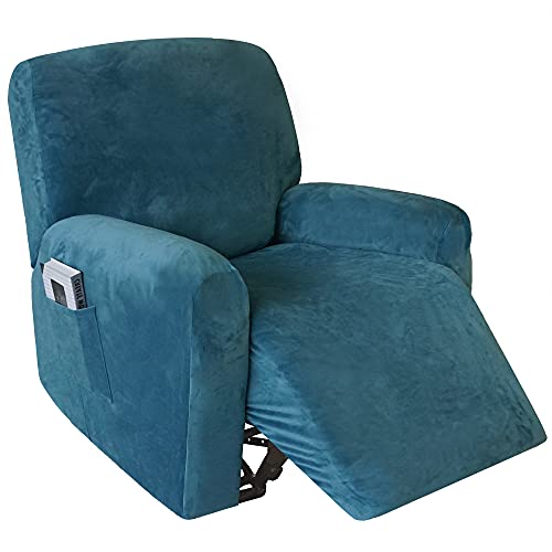 4 Pieces Stretch Velvet Recliner Chair Covers, Thick & Soft Recliner Slipcovers for Home Theater Chair with Side Pocket, Peacock Blue