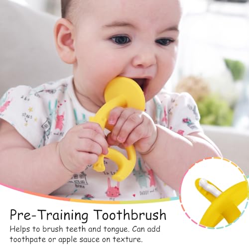 Image of Teething Toys 3 Months+, Mombella Elephant Teethers for Babies with Strap to Clip on, Soft Silicone Teether Toys, 2 in 1 Teether & Pre-Training Toothbrush, 3 Month Old Infant Chew Toys, Yellow