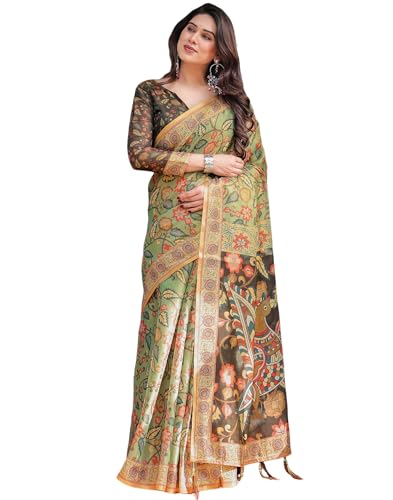 Image of SIRIL Women's Cotton Linen Printed Handloom Saree with Unstitched Blouse Piece