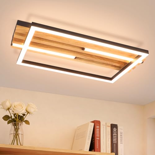 GBLY LED Deckenleuchte Holz: 38cm Deckenlamp Modern Schlafzimmerlampe 24W 3000K Schwarz Rechteck Warmweiß Design Küchenlampe fur Schlafzimmer Küchen Wohnzimmer Flur Büro Esszimmer Lampe(Nicht dimmbar)