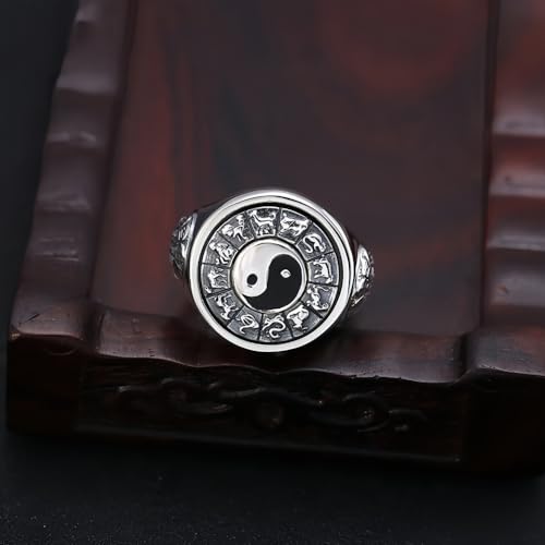 Vintage 925 Sterling Silver Yin Yang Spinner Ring Chinese TAI CHI Bagua Ring with 12 Zodiacs for Men Open Adjustable2