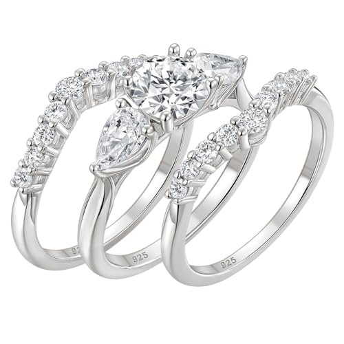 Wuziwen 1 Carat Wedding Ring Set for Women 3Pcs Engagement Rings CZ 925 Sterling Silver Size 5-10