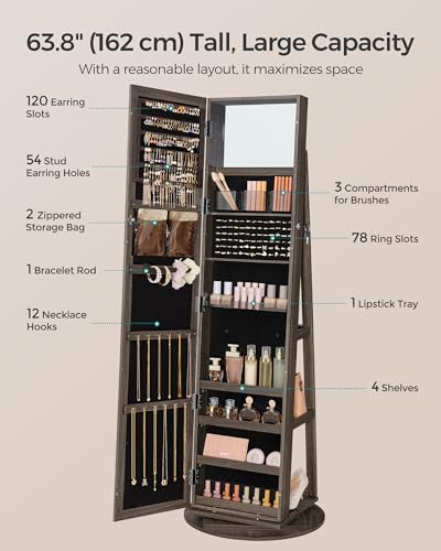 SONGMICS 360° Swivel Jewelry Cabinet, Lockable Jewelry Organizer with Full-Length Mirror, Rear Storage Shelves, Interior Mirror, Jewelry Armoire, Gift Idea, Ash Brown UJJC006K02