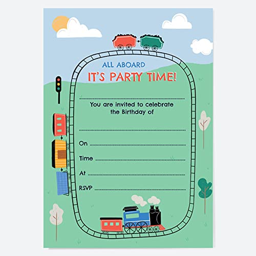 Dotty about Paper Kids Birthday Invitations - Train Track - Pack of 10. Celebration, Family, Friends, Boys, Girls, Classmates, Fun, Children, Locomotive. Envelopes Included. (4034)