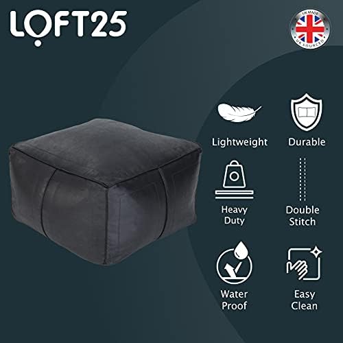 Loft 25 Bean Bag Chair Seat | Indoor Living Room BeanBag Footstool | Pouffe Faux Leather Footrest | Water Resistant | Durable and Comfortable (Black)