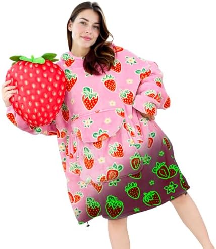 GEULAY Strawberry Blanket Hoodie for Women - Pink Wearable Blankets with Giant Pocket and Sleeves for Adults, Oversized Warm Cozy Plush Fleece Blanket Sweatshirt, Pink Birthday Gifts for Women