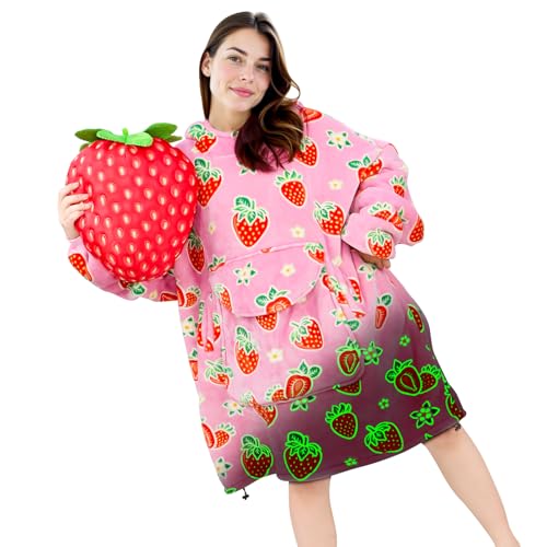 GEULAY Strawberry Wearable Blanket Hoodie, Pink Sweatshirt Blanket with Giant Pocket and Sleeves, Strawberry Birthday Gifts for Women Girls Sister