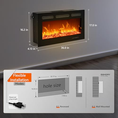 Image of EUHOMY 36 Inch Electric Fireplace Wall Recessed and Wall Mounted with Adjustable Flame Color, Fireplace Heater with Remote Control, Linear Fireplace with Timer, Touch Screen, Log & Crystal, 750 /1500W