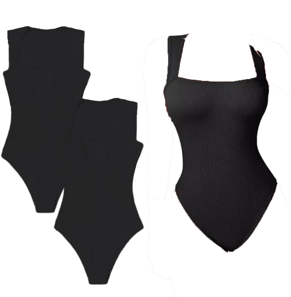 2Pcs Shapewear Bodysuits, Wide Shoulder Straps Seamless Bodysuit, Sexy Ribbed Sleeveless Square Neck Stretch Tank, Shapewear Tummy Control Tank Tops Bodysuits for Women, Black L