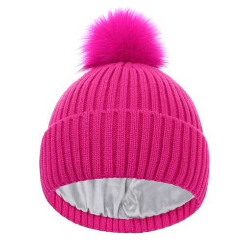 LiuSuper Kids Winter Hat, Girls Beanies 7-14, Satin Lined Beanie for Girls, Pom Pom Silk Lined Cuffed Beanie
