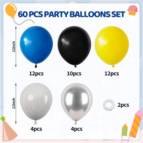 Image of Funhot Blue Yellow Grey Balloons, 60PCS Royal Blue Grey Party Balloons, 12 Inch Matt Yellow Metallic Silver Latex Balloon Helium for Boys Men Baby Shower Graduation Bat Birthday Party Decoration
