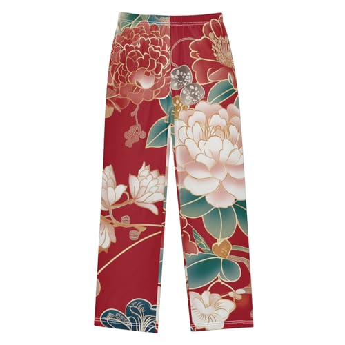 ZZXXB Peony Floral Print Boys Long Pants Soft Trousers Elastic Waist Kids Lounge Bottoms with Pockets S-XL