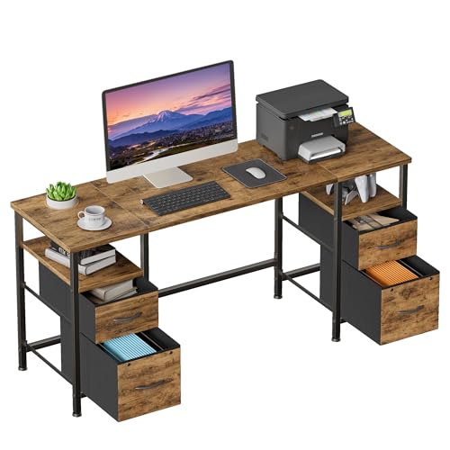 OYRREU 120x48cm Scrivania con 4 Cassetti in Tessuto, Scrivania Computer Ufficio PC Desk in Legno, Tavolo Scrivanie per ufficio Gaming Computer da Studio per il Lavoro e il Gioco a Casa