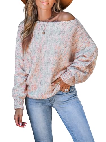 Image of CUPSHE Womens Colorful Knitted Sweater Long Sleeve Boat Neck Casual Loose Pullover Jumper Tops