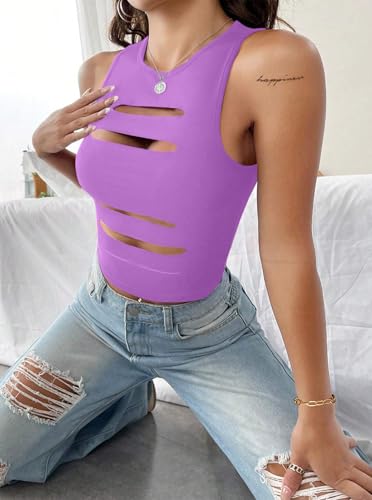Image of LovelyWholesale Women Sexy Cut Out Crop Tank Tops Crew Neck Summer Sleeveless Top