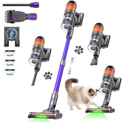 Cordless Vacuum Cleaner,500W 40KPa 60Mins Vacuum Cleaners for Home,Powerful Stick Vacuum With Green Light,Anti-tangle Wireless Vacumm, Rechargeable Vacuum for Pet Hair/Carpet/Hardwood Floor,Purple