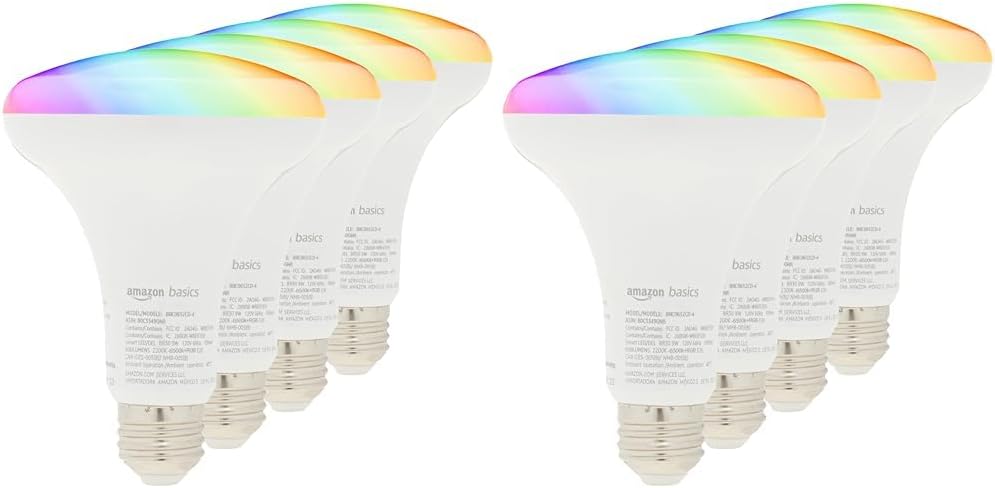 Amazon Basics Smart BR30 LED Light Bulbs, Color Changing, 9W (60W Equivalent), 800LM, Energy Efficient, Voice Control, Compatible with Alexa Only, 2.4 GHz Wi-Fi, No Hub Required, 8-Pack