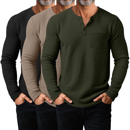 3 Pack Men's Waffle Henley Thermal Shirts
