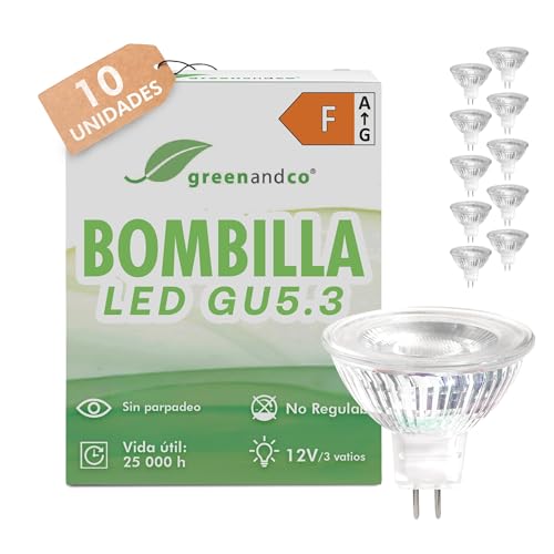 greenandco 10x MR16 GU5.3 | sustituye 35W | blanco cálido 2700K | 3W 300 lm | 38° | sin parpadeo | COB LED spot | 12V AC/DC | no regulable