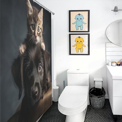 Rideau de douche chat mignon tissu polyester imperméable avec 12 crochets 92x183cm - 3