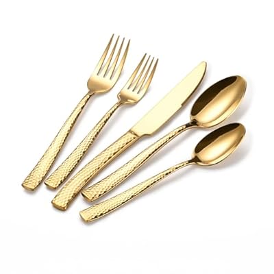 GDYCYC Silverware set, 20 Pieces Golden Hammered Stainless Steel Flatware Sets for 4, Knifes Forks and Spoons Black silverware set, Home Kitchen and party Cutlery Sets, Dishwasher Safe