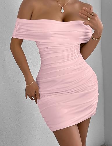 Image of Womens Off Shoulder Sleeveless Bodycon Dresses Ruched Solid Sexy Graduation Cocktail Party Mini Dresses