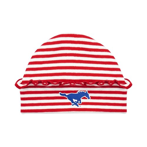 College Baby Ruffled Striped Cap - SMU Mustangs Southern Methodist University Logo, Red/White for Baby Girls, Newborn (0-3 Months)