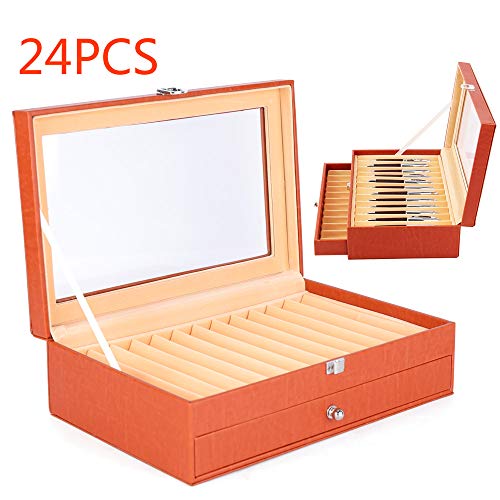 Ceraburet 24 Fountain Pen Display Box, Leather Flannel Orange Pen Organizer Box, Top Glass Window Two Level Display Case With Drawer, 12 * 7.87 * 3.74In (24Piece-Orange) #TOP7