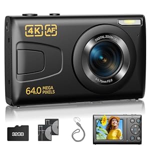 Digital Camera, 4K 64MP Vlogging Camera Autofocus Point and Shoot Digital Cameras for Photography Camera for Kid Student Children Teen Girl Boy, 18X, 2 Batteries, 32GB Card