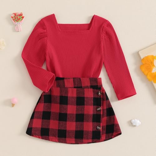 Image of BeQeuewll Fall Winter Toddler Baby Girl Clothes 2Pcs Long Sleeve Ribbed Knit Shirt Plaid Skirt 1T 2T 3T 4T 5T Girls Dress