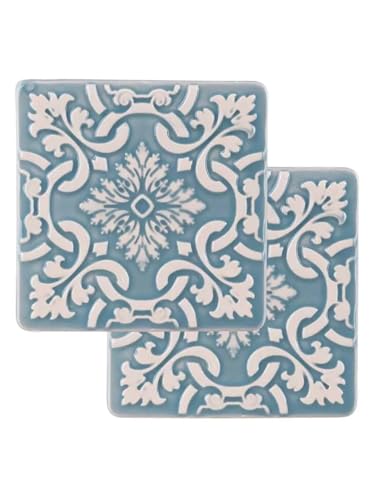 Hand-Painted Portuguese Pottery Ceramic Square Coasters – Set of 2 (Zen Blue)