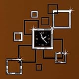 Black and Silver Squares Frames Acrylic Silent Quartz Wall Clock DIY Removable 3D Crystal Mirror Wall Clock Acrylic Non-Ticking Quiet Quartz Clock Wall Sticker Home Living Room Bedroom Decoration