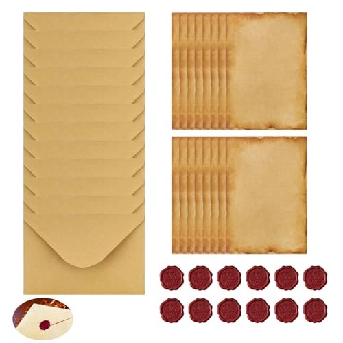 40 unidades de papel de carta vintage con sobre, papel de carta medieval vintage, juego de escritura con 12 sobres de papel de estraza, 16 papel de estraza y 12 pegatinas de sello de cera, juego de