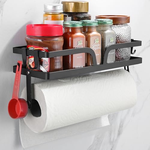 Kegii Küchenrollenhalter Wandrollenhalter Küche Küchenpapierhalter mit Gewürzregal, Küchenpapierhalter mit Ablage, Rollenhalter mit Gelochte oder Geklebte Zwei Installationsmethoden