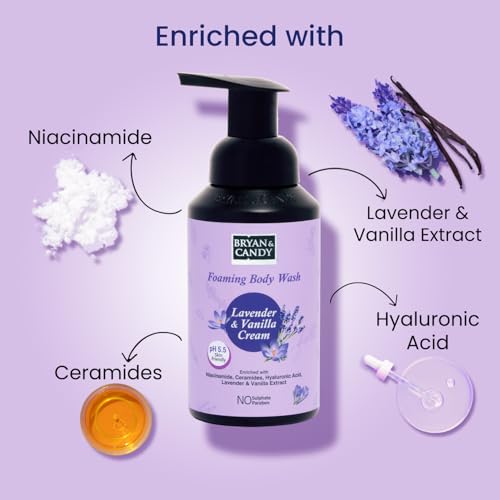 Image of Bryan & Candy Lavender & Vanilla Cream Foaming Body Wash, pH 5.5 Skin Friendly, with Niacinamide, Ceramides, Hyaluronic Acid, 250 ml