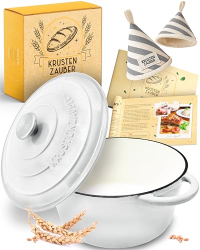 KRUSTENZAUBER Gusseisen Topf als Schmortopf mit Deckel - 26cm Emaille Topf als Gusseisen Bräter oder Brotbacktopf - Backofengeeigneter Dutch oven Cast Iron Pot als hochwertiger Kochtopf inkl. Rezepte
