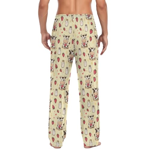 Vdsrup Men's Pajama Pants Cow Strawberry Milk Pajama Pants for Men PJs Bottoms Drawstring Pockets Sleep Lounge Pants S2