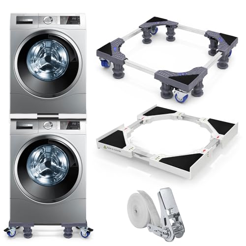 Kit sovrapposizione lavatrice e asciugatrice 46–72 cm + base con ruote 43–60 cm, 8 piedi, 4 ruote con doppio freno, antiscivolo, anti-vibrazione, cinghia a cricchetto 6 m, stabile e salvaspazio