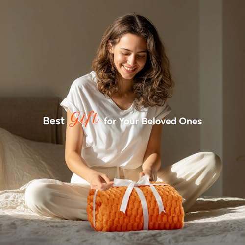 Image of BEDELITE Fall Throw Blanket for Couch, Soft Gifts for Women, Orange, 50*60 | 3D Jacquard Decorative Fleece Blanket, Super Soft Plush Throws, Cute Birthday Gift for Women & Men, Suitable for Autumn