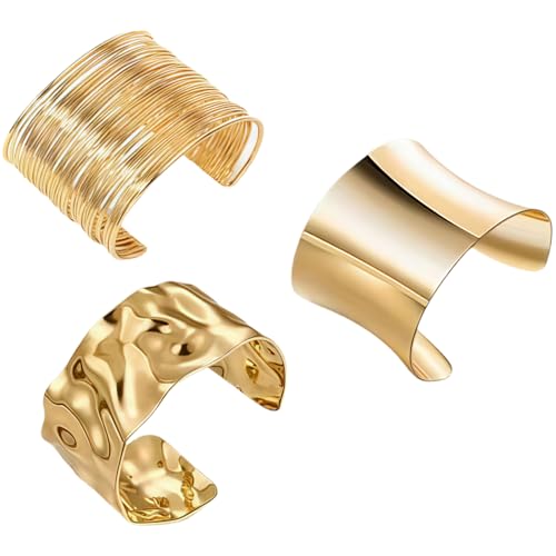 XFSRG Pulseras Mujer Doradas Set 3 Piezas Brazaletes Abiertos Anchos Estilo Minimalista Irregular Joyería de para Fiesta y Uso Diario
