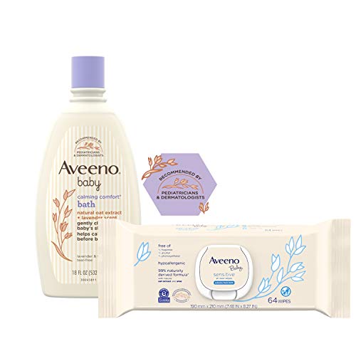 Image of Aveeno Baby Calming Comfort Bath with Relaxing Lavender & Vanilla Scents, Hypoallergenic, 18 Fl Oz (Pack of 1) with Sensitive All Over Wipes, 64 ct (Pack of 3)