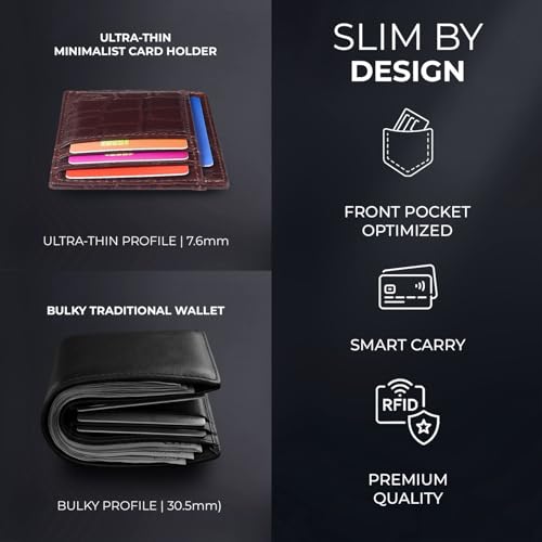 Image of Genuine Leather Slim Card Holder Wallet for Men - Premium and Stylish Card Holder with Capacity for 7-10 Cards and Currency Compartment - Stylish and Functional Leather Wallet (CHERRY)