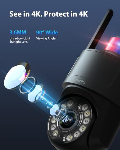 Ctronics 4K Überwachungskamera Aussen, UHD 8MP, Farb-/IR-Nachtsicht mit Starlight 30m, Mensch/Fahrzeug/Haustier, Auto-Tracking, APP/PC, Rot-Blau-Alarmlicht & Sirene, 8 Presets, SD 256GB/FTP/NVR,IP66