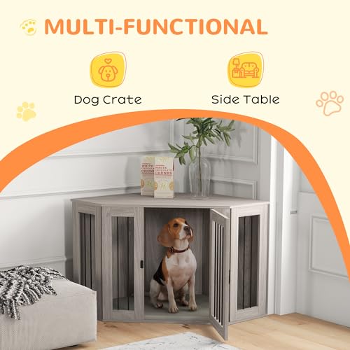PawHut Corner Dog Crate Furniture, End Table Dog Kennel Furniture with Cushion, Pet Crate for Large-Sized Dog Indoor Use, Walnut Brown