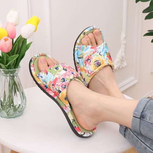 Image of shevalues Summer House Slippers for Women with Arch Support Breathable Waffle Cotton Indoor Slippers Slip on Open Toe Home Shoes