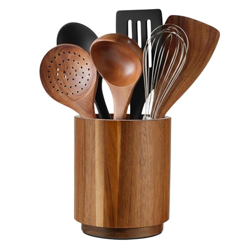 Linda's Essentials Acacia Wooden Utensil Holder for Kitchen Counter, 7.2' Wood Utensil Holder Counter, Kitchen Utensils Holder with 360° Rotation, Non-Slip Large Utensils Holders, Spatula Holders