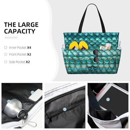 Mermaid Teal Fish Scale Large Capacity Foldable Tote Bag Women Beach Tote Bag Handbag Gym Bag Travel Shopping Bag3